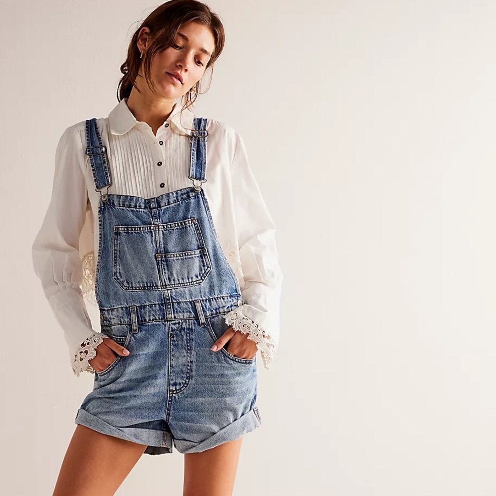 We The Free Light Blue Denim Short Overalls